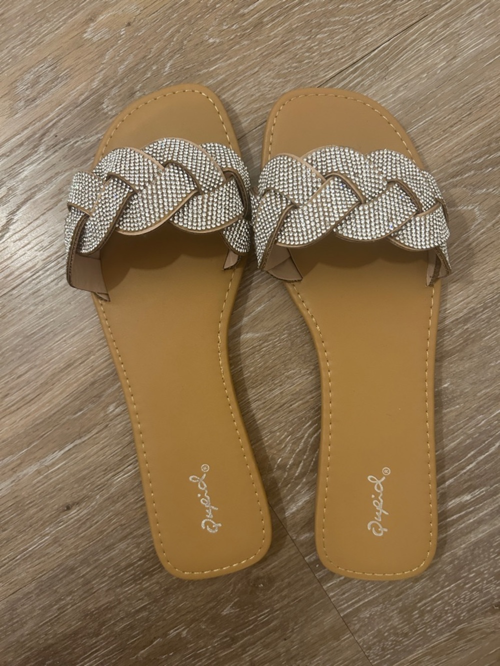 Qupid Tan Slide Sandals with Braided Crystal Strap